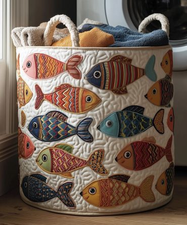 Fish Fiesta Quilted Foldable Laundry Hamper — Playful Marine Decorative Basket, Spacious, Lightweight & Machine-Friendly Care