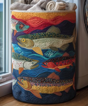 Whimsical Fish Quilted Fabric Laundry Hamper — Large Decorative Foldable Laundry Basket With Handles For Nursery & Bedroom