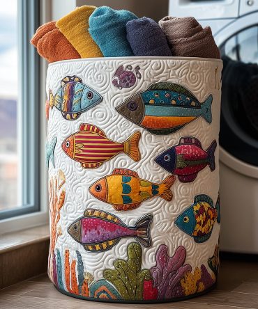Fish Parade Quilted Laundry Hamper — Bright Ocean Animal Laundry Basket For Kids, Bathroom & Playroom Storage — Spacious, Foldable & Durable