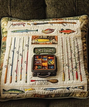 Rustic Fishing Quilted Throw Pillow Cover — Angler Cabin Accent Cushion, Soft Quilted Cotton-Blend, Machine Washable