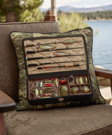 Fishing Lodge Quilted Pillow Cover — Outdoorsy Angler Theme For Cabin, Durable Quilted Fabric, Zip Closure, Perfect Accent For Rustic Decor
