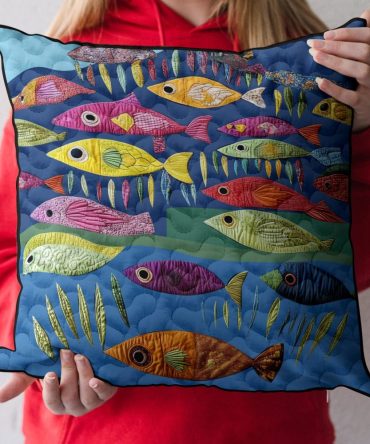 Playful Fish Pattern Quilted Pillow Cover — Colorful Kids Room Accent, Soft Quilted Texture, Easy-Care Decorative Case