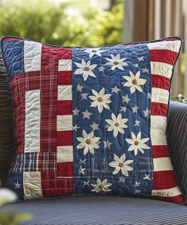 Flag Inspired Patchwork Quilted Pillow Cover — Stars & Stripes Patch Throw Pillow Sham For Patriotic Home Styling & Seasonal Decor (Easy Care)