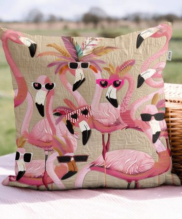 Flamingo Lagoon Quilted Throw Pillow Cover — Tropical Pink Flamingo Design, Cotton-Blend Pillowcase For Patio, Poolside & Home