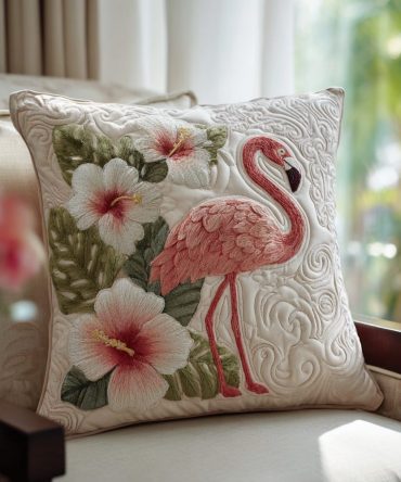 Flamingo Breeze Quilted Tropical Throw Pillow Cover — Bright Flamingo Beach Accent For Patio & Sunroom, Lightweight Cotton Blend, Reversible