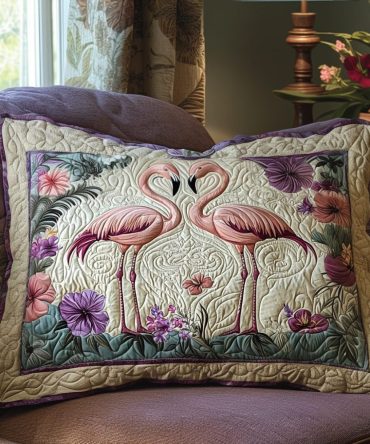 Flamingo Couple Quilted Accent Pillow Cover — Tropical Romantic Throw Pillow Sham For Coastal, Patio & Indoor Decor