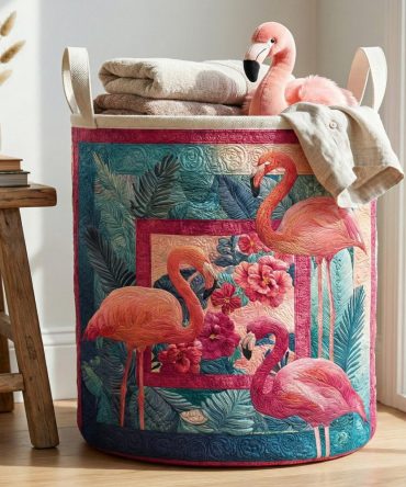Flamingo Garden Quilted Laundry Hamper - Stylish Foldable Laundry Basket With Reinforced Handles, Machine-Washable, Lightweight & Durable