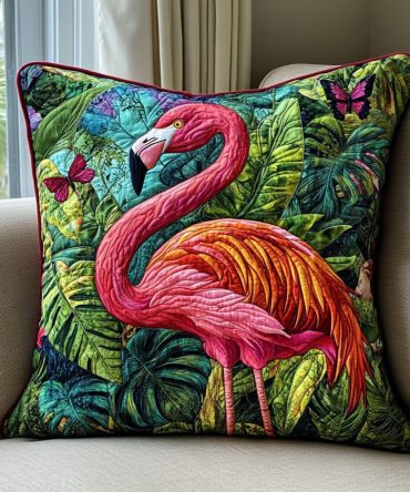 Flamingo Beach Quilted Pillow Cover — Coastal Flamingo Scene With Textured Quilting, Durable Zip Closure, Sunshine-Ready Accent For Any Space