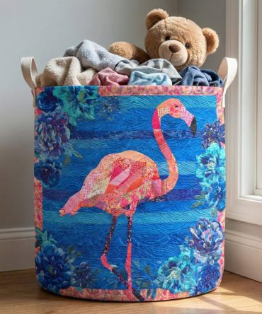 Flamingo Bloom Quilted Laundry Hamper – Large Floral Flamingo Print, Soft-Cushioned Foldable Fabric Basket With Carry Handles