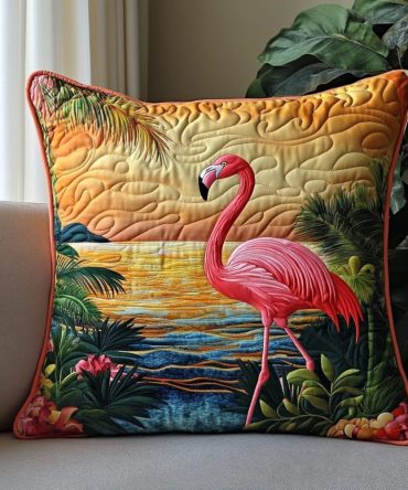 Flamingo Dream Quilted Pillow Cover — Soft Pastel Tropical Print With Quilting Detail, Charming Accent For Nursery, Living Room, Or Porch