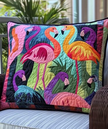 Flamingo Dreams Quilted Pillow Cover - Tropical Flamingo Print Pillowcase, Plush Quilting, Fade-Resistant, Machine Washable