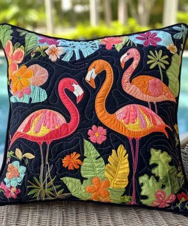 Flamingo Fantasy Quilted Pillow Cover - Vibrant Tropical Flamingo Pillowcase, Soft Microfiber Quilting, Decorative Accent For Living Room