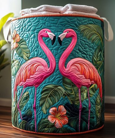 Flamingo Oasis Quilted Collapsible Laundry Hamper - Colorful Flamingo Storage Basket, Washable & Foldable With Comfortable Handles