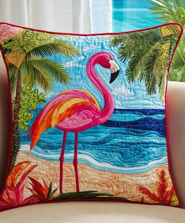 Flamingo Oasis Quilted Pillow Cover — Bright Tropical Motif With Soft Quilting, Durable Construction, Perfect For Patio, Bedroom Or Living Room