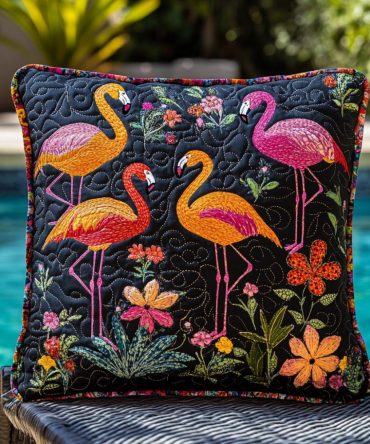 Flamingo Paradise Quilted Pillow Cover — Tropical Pink Flamingo Scene, Cotton-Blend Throw Pillowcase For Beach House, Patio & Coastal Home