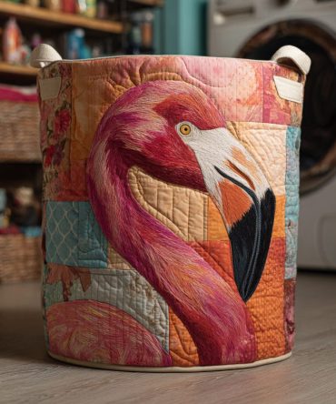 Flamingo Portrait Quilted Laundry Hamper — Tropical Flamingo Print Foldable Laundry Basket, Stylish Coastal Bedroom Storage Solution