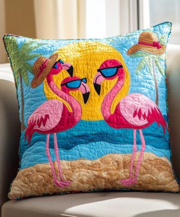 Flamingo Sky Quilted Pillow Cover — Airy Tropical Design With Quilted Texture, Bright Accent For Modern Coastal, Patio Or Bedroom Styling