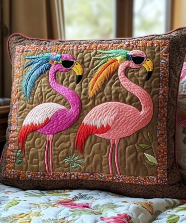 Flamingo Vibes Quilted Decorative Pillowcase – Tropical Flamingo Print Sham, Soft Quilting For Beachy Boho Bedroom & Patio Seating
