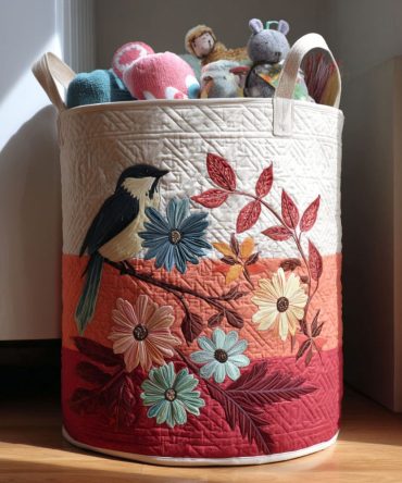 Fleur Feather Quilted Laundry Hamper – Chic Feather & Floral Laundry Basket, Foldable Decorative Hamper With Handles, Durable Cotton Blend