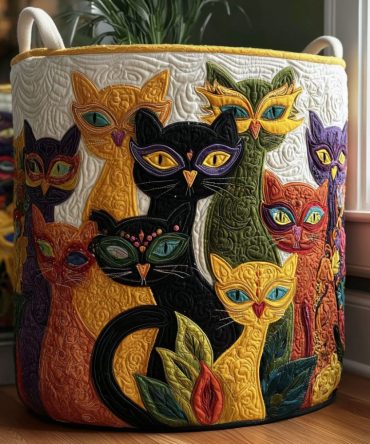 Fleur Felines Quilted Laundry Hamper — Elegant Cat & Floral Fabric Basket With Handles, Collapsible & Removable Lining For Easy Care