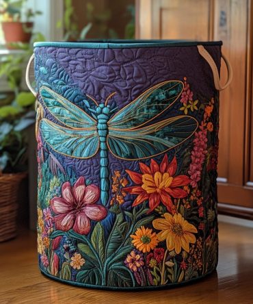 Flight Garden Quilted Laundry Hamper — Botanical Butterfly Foldable Laundry Basket, Washable Quilted Cotton Storage With Carry Handles