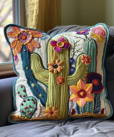 Flora Cactus Quilted Decorative Pillow Cover — Modern Succulent Throw Pillowcase For Living Room, Patio & Boho Styling