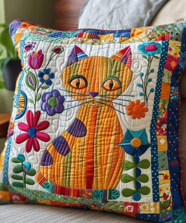 Floral Cat Parade Quilted Throw Pillow Cover – Botanical Feline Design For Cottagecore & Boho Living Spaces (Soft Quilting, Giftable Accent)
