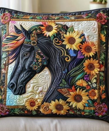 Bold Black Floral Horse Quilted Pillow Cover — Statement Decorative Throw Sham With Botanical Horse Print, Quilted Texture & Easy-Care Finish