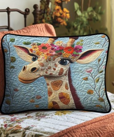 Floral Crowned Giraffe Quilted Pillow Cover — Playful Safari Design With Floral Accents, Soft Cotton-Blend, Kid-Friendly Decorative Pillow Case