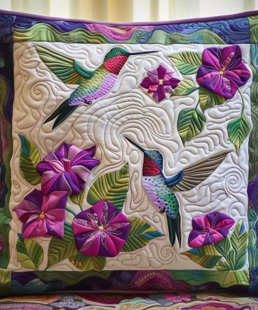 Floral Flight Quilted Pillow Cover — Bird & Flower Decorative Throw Case, Garden-Inspired Home Accent, Soft Cotton Blend