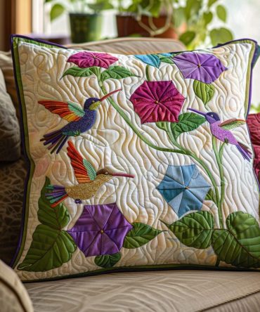 Floral Flutter Quilted Pillowcase — Delicate Fluttering Flowers & Bird Motif, Quilted Decorative Throw Cover, Soft Cotton Blend