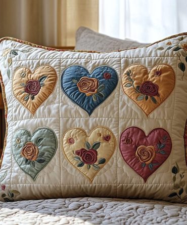 Floral Heart Trail Quilted Accent Pillow Cover — Romantic Floral Throw Pillow, Cotton Blend Decorative Case For Bedroom & Living Room