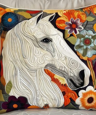 Royal Floral Horse Quilted Pillow Cover - Elegant Equestrian Decor Accent, Soft Cotton Blend, Reversible, 18X18