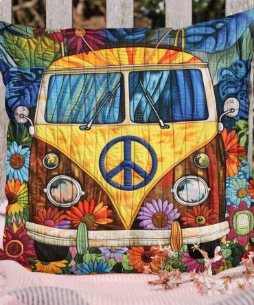 Boho Floral Peace Van Quilted Throw Pillow Cover – Vintage Hippie Camper Decorative Cushion For Bedroom & Living Room