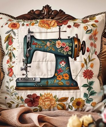 Floral Sewing Machine Quilted Pillow Cover — Vintage-Inspired Floral & Sewing Motif, Hand-Quilted Accent Sham For Craft Rooms & Cozy Living Spaces
