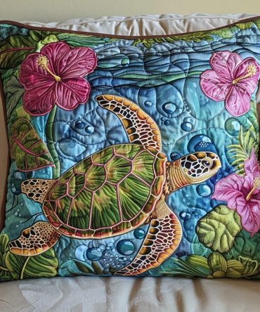 Floral Sea Turtle Quilted Pillow Cover – Botanical Turtle Throw Pillowcase For Coastal & Tropical Decor, Soft Quilted Cotton Blend, Easy Care