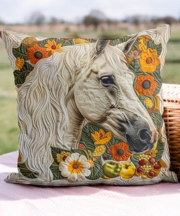 Elegant White Floral Horse Quilted Pillowcase - Soft Cotton-Blend Decorative Throw Pillow Cover For Farmhouse Nursery & Country Chic