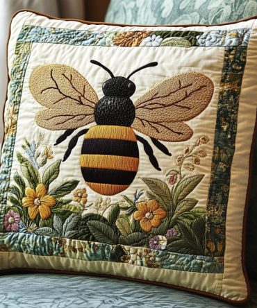 Floral Bee Quilted Pillow Cover — Elegant Bee & Bloom Throw Pillowcase For Refined Garden-Style Home Decorating