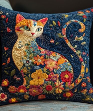 Floral Cat Bliss Quilted Throw Pillow Cover — Botanical Cat Cushion For Brightening Sofas, Beds & Cozy Reading Nooks
