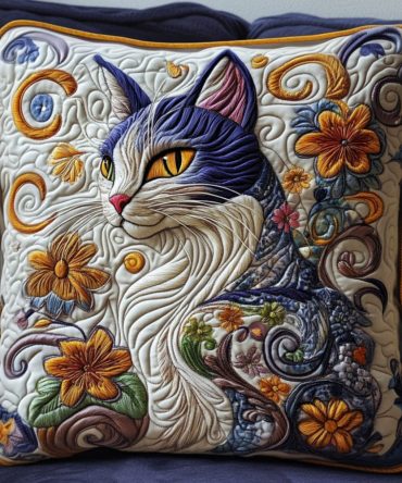 Charming Floral Cat Quilted Cushion Cover — Colorful Cat Throw Pillow For Cottage Chic & Cozy Home Decor Statements
