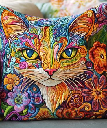 Floral Cat Whimsy Quilted Throw Pillow Cover – Playful Feline & Flower Decorative Cushion Case, Premium Zippered Soft Fabric, Machine-Washable