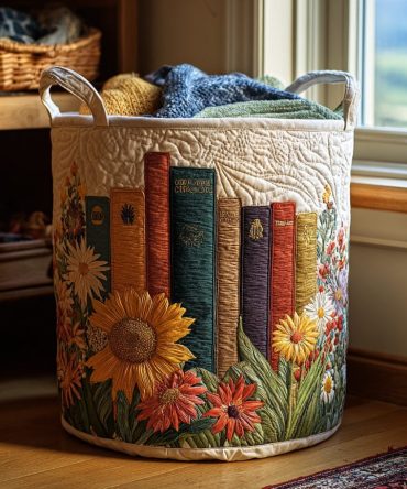 Floral Chapters Quilted Storage Basket — Classic Botanical Fabric Hamper With Handles For Laundry, Linens & Decorative Organization