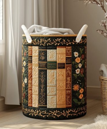Floral Chapters Quilted Laundry Organizer — Vintage Botanical Fabric Basket With Handles For Stylish Home & Closet Storage
