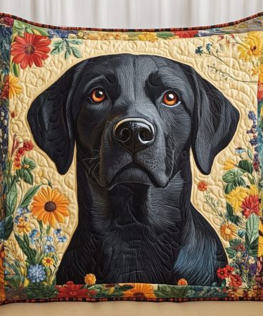 Floral Labrador Quilted Throw Pillow Cover — Charming Dog & Bloom Pattern Cushion Case For Cozy Rooms, Hidden Zipper, Machine-Washable