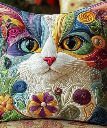 Floral Feline Art Quilted Pillow Cover – Artistic Cat & Flower Decorative Throw Pillow Case, Premium Zippered Accent For Stylish Interiors, Washable