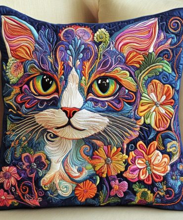 Floral Feline Beauty Quilted Pillow Cover – Elegant Cat & Floral Decorative Throw Pillow Case, Premium Zippered Cushion, Soft & Machine-Washable