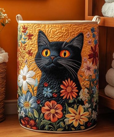 Floral Feline Quilted Fabric Laundry Hamper — Elegant Cat & Flower Print Foldable Basket With Removable Liner For Stylish Home Storage