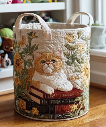 Floral Feline Quilted Laundry Hamper - Vintage Floral Cat Design Fabric Basket With Handles, Decorative Storage For Cat Lovers & Home