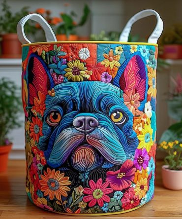 Floral Fiesta Frenchie Quilted Laundry Hamper — Vibrant French Bulldog Print Foldable Laundry Basket, Colorful & Durable Design