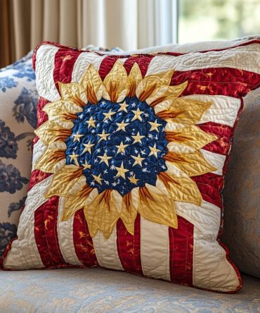 Floral Flag Quilted Accent Pillow Cover — Patriotic Floral Throw Pillow Case For Living Room, Porch & Seasonal Decor